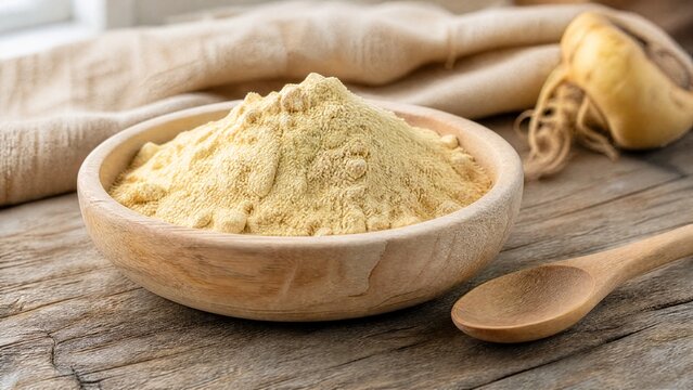 A shallow wooden bowl filled with fine pale yellow maca powder and a spoon.
