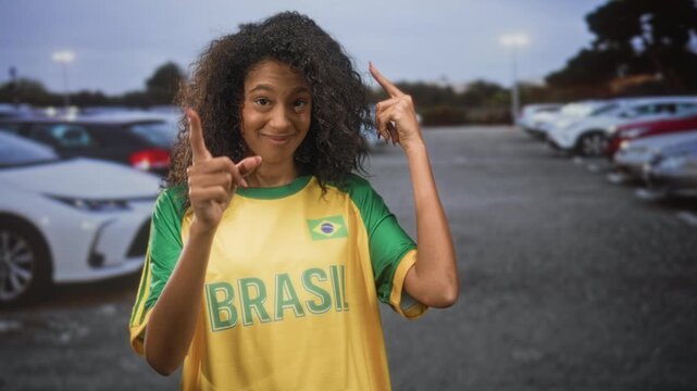 Teenage woman with curly hair in yellow brazil football team t shirt points finger at camera and points to her head on street; teamwork pride.
