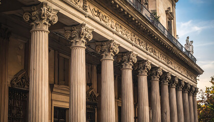 Obraz premium grand stone columns with intricate carvings on a historic building facade, detailed architectural facade, classical style, ornate facade detail