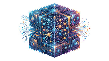 Obraz premium Futuristic digital cube featuring complex glowing circuit patterns and intricate networking nodes on white background