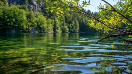 Obraz premium Serene lake with overhanging trees in sunlit forest. AI generated