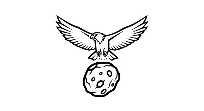Eagle soaring above a cratered moon surface line art icon.