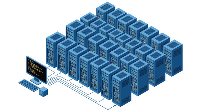 Many blue server racks connected to a computer monitor displaying code in an isometric view