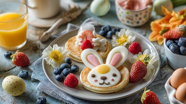 Creative Easter breakfast scene with egg shaped pancakes, bunny ears made from fruits, and spring decorations, joyful children food concept in bright festive style.
