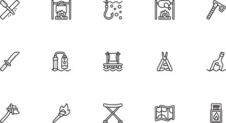 Outdoor Recreation, Camping, and Scuba Diving Line Art Icon Set Featuring Campfires, Fishing Hooks, Teepees, Maps, and Torches for Wilderness Adventure Travel © jesmin_
