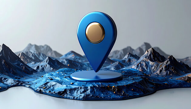 Digital map marker pinpointing a location on a stylized 3d terrain with glowing lights, representing navigation and exploration