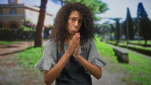 Teen woman waitress in apron presses hands together in pleading pout near building walkway; apology regret.