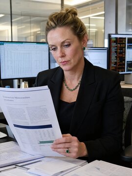 Generative AI, Caucasian female financial professional reviewing securitization transaction memo