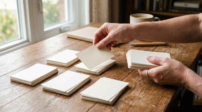 Hands sorting white flashcards on wooden desk with notebook