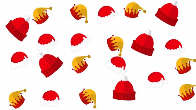 Red santa claus hats  yellow elf hats create a festive holiday pattern for decorations, cards, printables, and gift wraps.