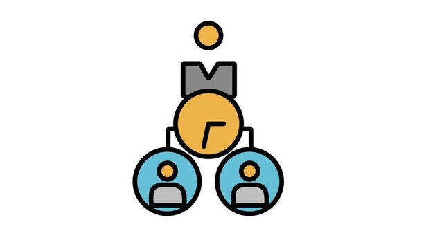 Motion graphic icon of a corporate team structure connected to a central time clock symbol for timeline project management.