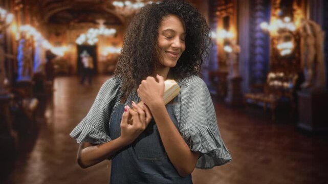Teenage woman in apron holds a tray of tomatoes then hugs a loaf to her chest with clasped hands in a building; contentment.