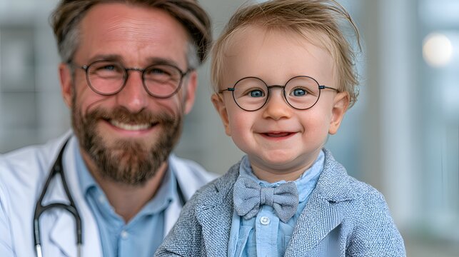 Caring doctor with a smiling baby boy wearing adorable glasses and a bowtie