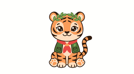 Fototapeta premium Cute tiger cub wearing scout vest and leaf wreath, animal explorer mascot character, vector illustration.