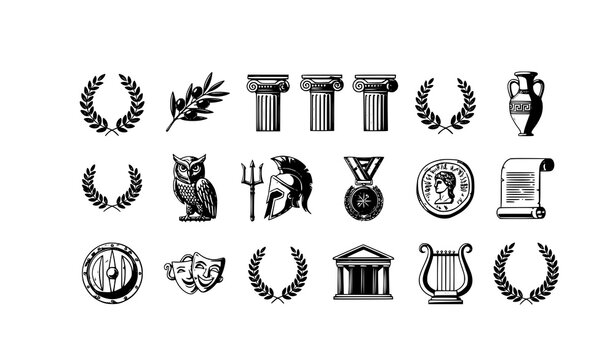 Ancient Greek Cultural Symbols Vector Set with Mythology and History Icon Collection