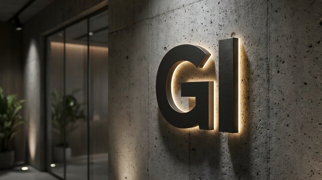 Modern Backlit Corporate GI Logo Sign on Concrete