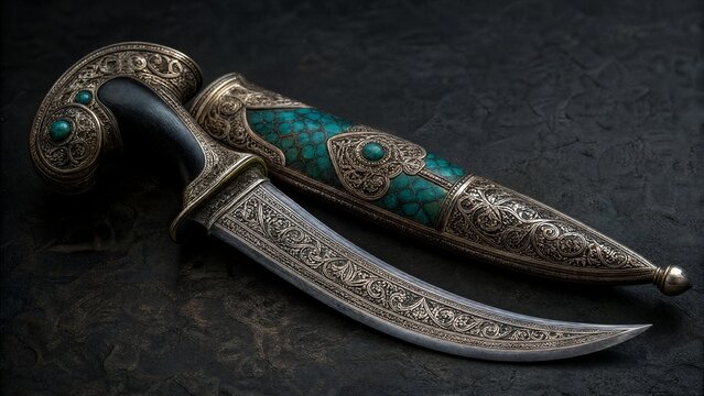 Curved dagger with intricate arabesque patterns and turquoise inlaid scabbard.