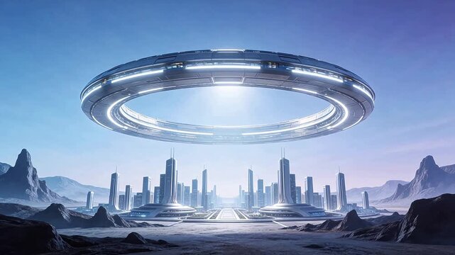 Futuristic city with hovering ring structure