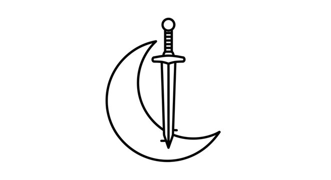 Vertical sword piercing through a thin crescent moon shape.