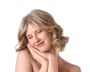 Fototapeta premium Blonde woman with closed eyes and hands on face, skincare and beauty concept, isolated on white background