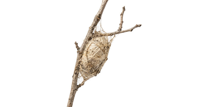 Natural moth cocoon on dry branch for wildlife themes, educational projects and organic branding. Isolated on White background.