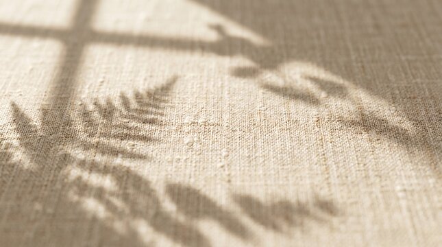 Soft morning sunlight casts intricate fern leaf shadows across a textured beige woven linen fabric surface
