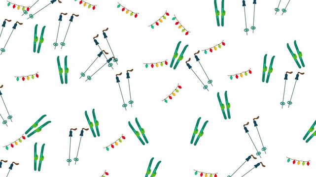 Pennant banners with green skis, black ski poles, winter pattern on white background. Ideal for winter sportsthemed designs.