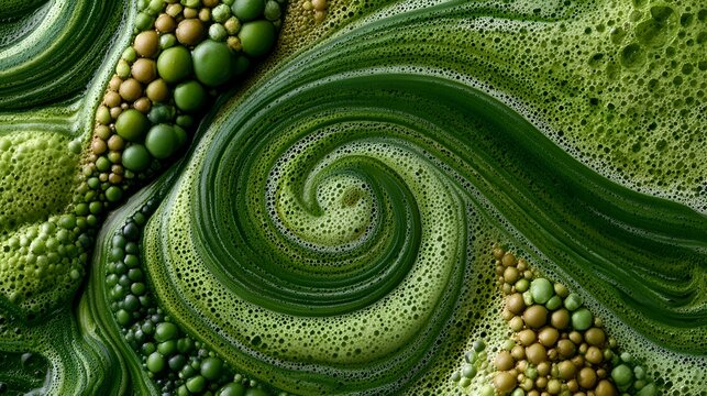 Dynamic abstract pattern of vibrant green liquid, swirling foam, and textured organic spheres