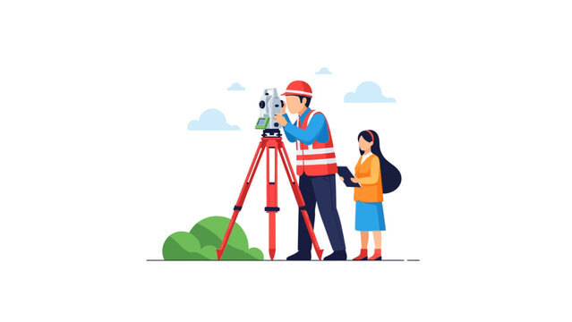 Land Surveyor and Assistant Using Total Station on Tripod for Construction Site Measurement - Flat Vector Illustration