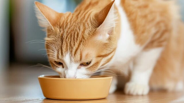 A close-up shot of a cute orange and white cat eating food from a small round ceramic bowl.