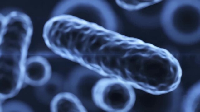 Microscopic View of Bacteria Cells Floating and Moving in Dark Blue Fluid, Abstract Medical Science Animation, 4K