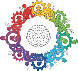 Brain stands at the center of a colorful circular gear system surrounded by diverse human silhouettes representing collaborative community intelligence and social synergy. © amirhamzaaa