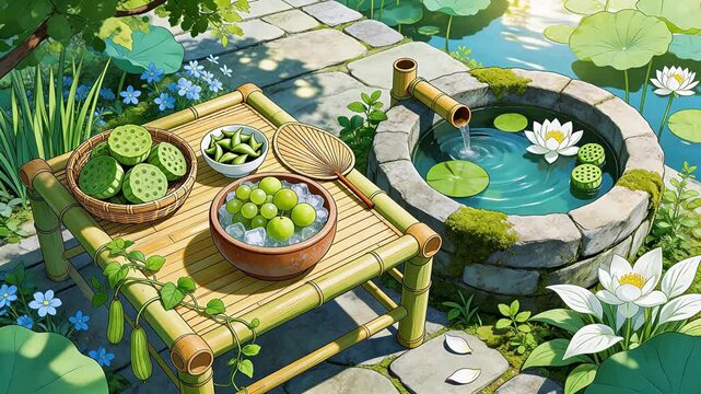 Bamboo table with fruits near pond