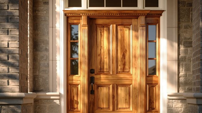 Elegant Carved Wooden Front Door with Sidelights and Transom Window