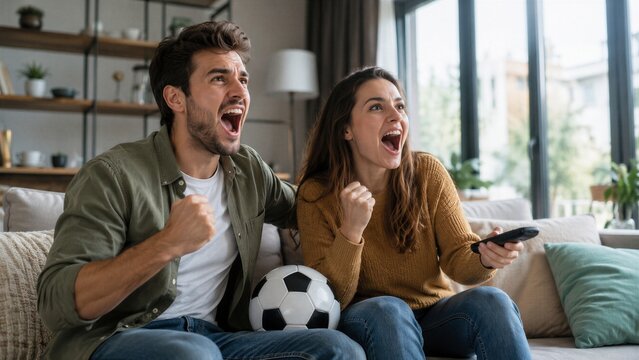 Happy young couple celebrates a goal while watching a soccer match on television in their living room.