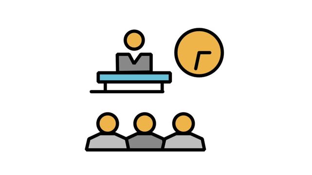 Motion icon displaying a professional presenter answering questions for audience under a yellow wall clock for time scheduling management.