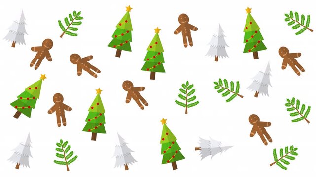 Green christmas trees and gingerbread cookies with white pine trees and winter holiday leaf patterns. Perfect for festive holiday backgrounds and designs.