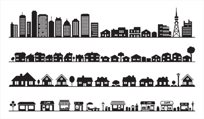 Obraz premium City Skyline and Residential Neighborhood Silhouettes with Urban and Rural Landscapes