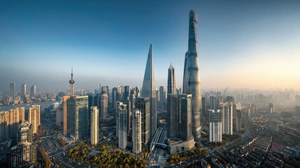 Panoramic Aerial View of a Modern Cityscape with Tall Skyscrapers and a Clear Blue Sky