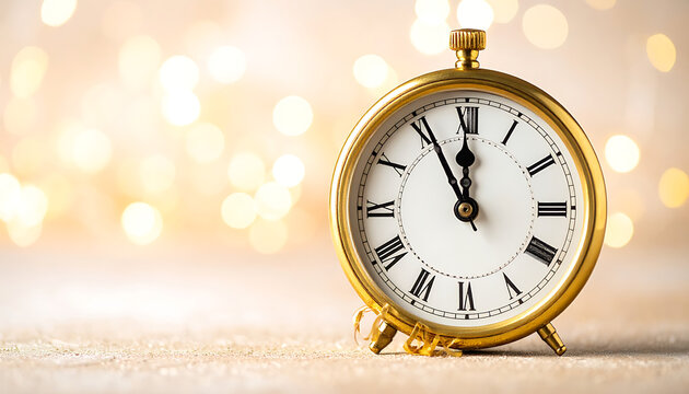 Antique golden alarm clock showing almost midnight with blurred festive bokeh lights, time passing concept
