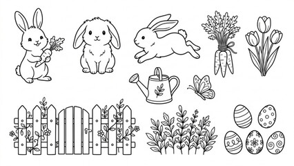 Obraz premium Cute Bunny Garden Line Art Illustration Set Rabbits, Carrots, Flowers and Spring Meadow Elements