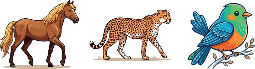 Colorful Cartoon Style Horse Cheetah and Tropical Bird Wildlife Animal Collection Set on Isolated Background © MDEsmayil