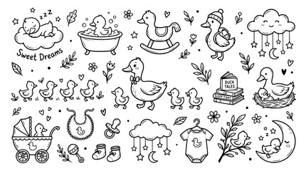 Fototapeta premium Cute baby duck collection with toys and accessories