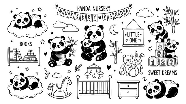 Cute panda nursery elements set