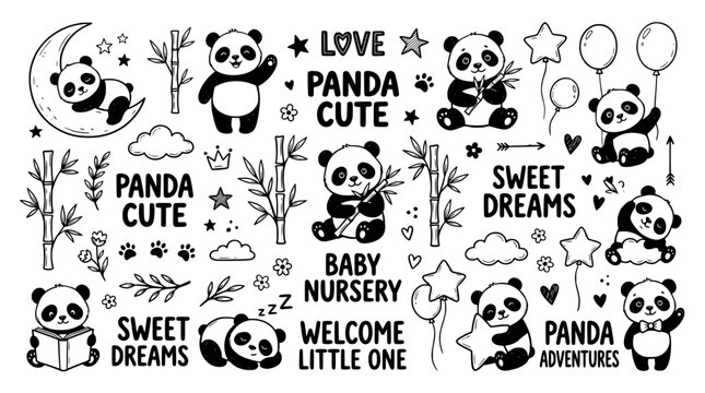 Cute panda bear vector set, baby nursery illustrations isolated