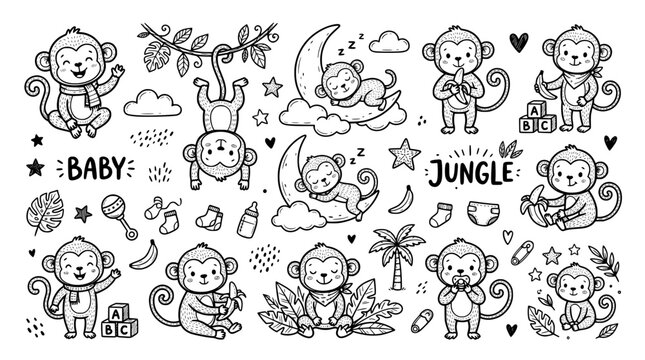 Cute baby monkey jungle animals doodle set