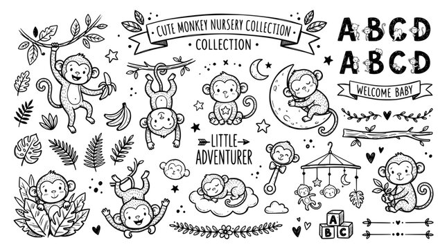 Cute monkey nursery collection with jungle animals and decorative elements