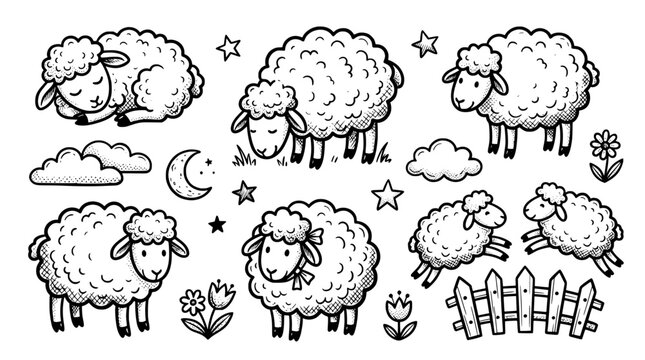 Cute sheep doodle set hand drawn black and white line art
