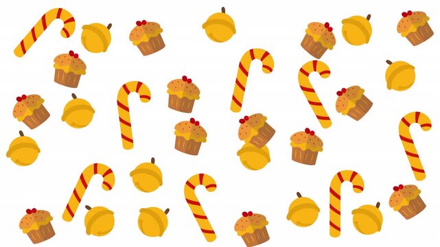 Festive candy canes, golden holiday bells, delicious muffin cupcakes in a holiday pattern illustration design. Perfect for festive holiday designs.