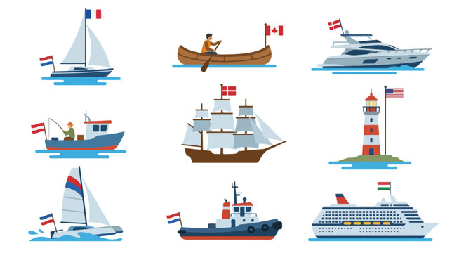 Maritime vessels and lighthouse with world national flags vector